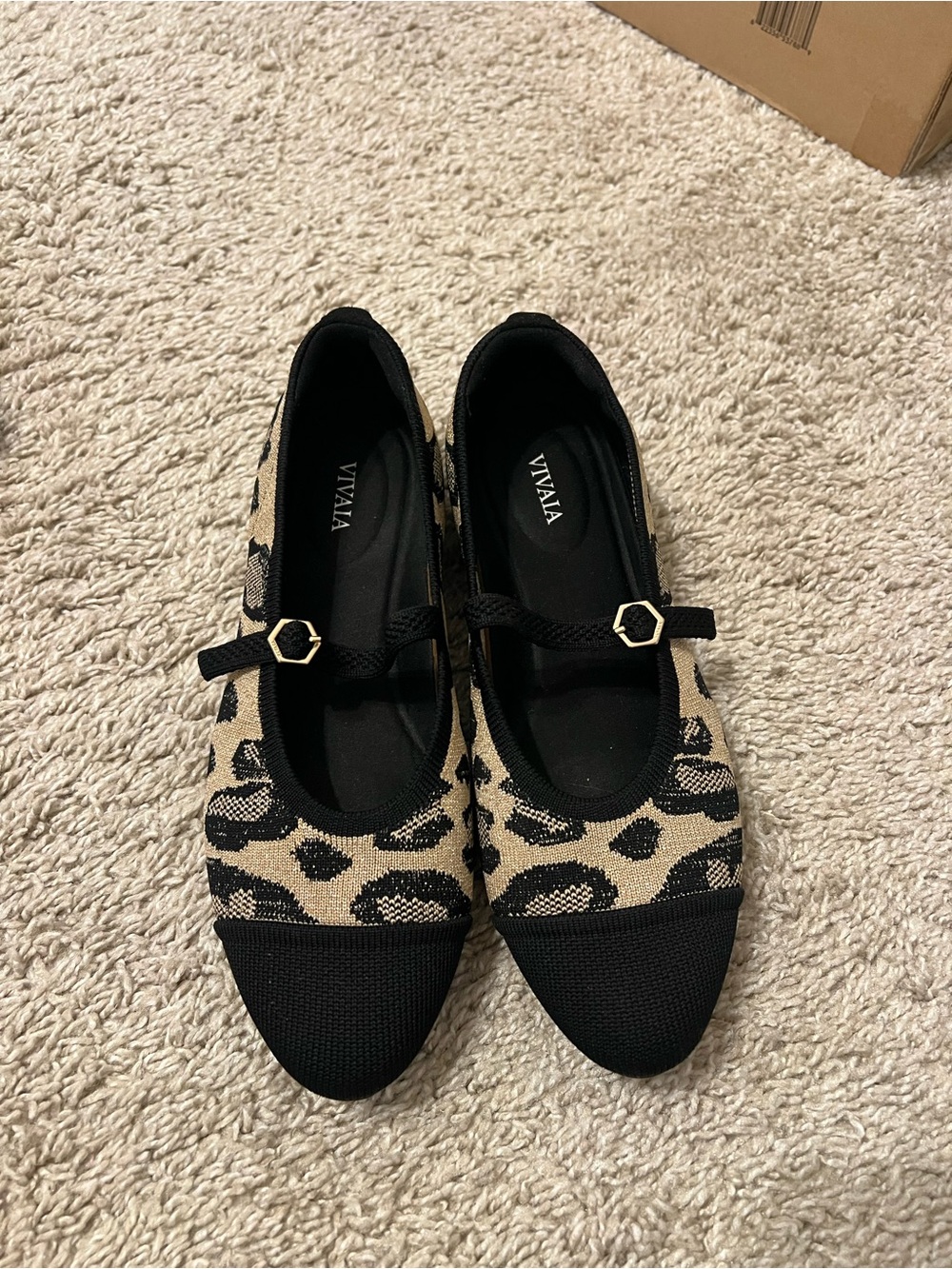 Vivaia Leopard-Print Mary Jane Flats in Beige and Black
